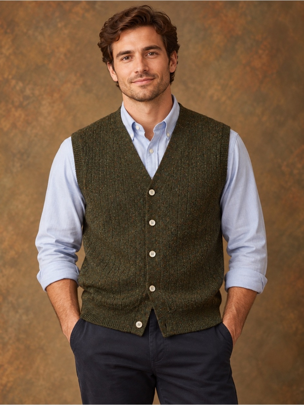 Men’s lambswool sweater vest heathered olive green ribbed hem layering